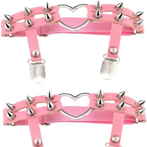Pink Leather Heart Rivet Stud Garters - Picture 1 of 3